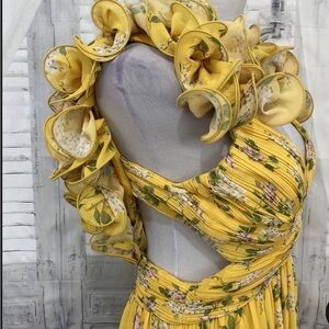 Yellow Floral Ruched One-Shoulder Dress